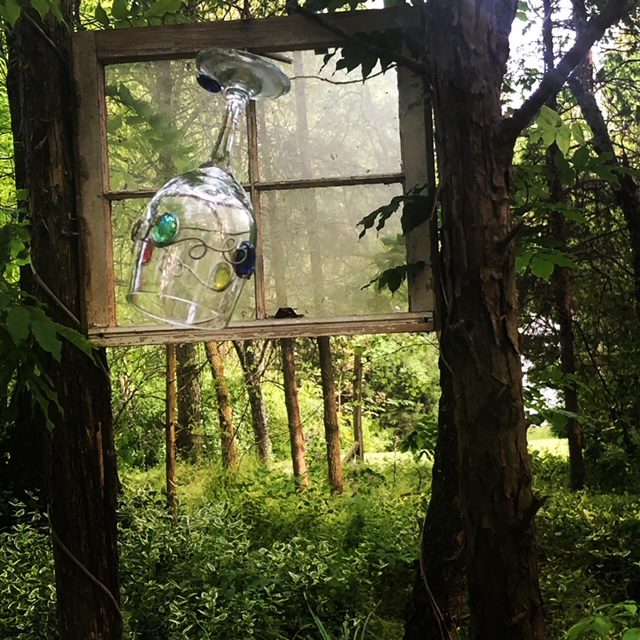 A glass in a window frame in a forest.
