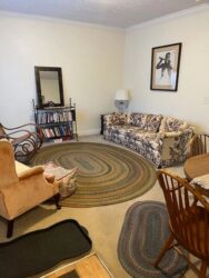 A living room in one of the lodges in North Carolina with a couch and a rug.